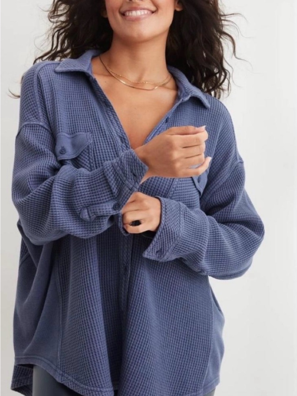 Aerie Blue Waffle-Knit Button-Down Shirt